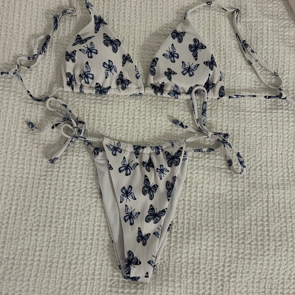 SHEIN White and Blue Butterfly Bikini